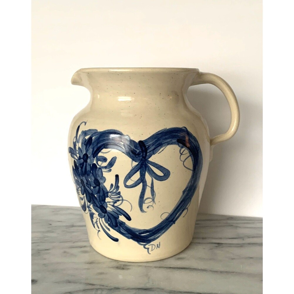Casey Pottery Stoneware Pitcher w Cobalt Blue Heart Wreath Hand painted Signed